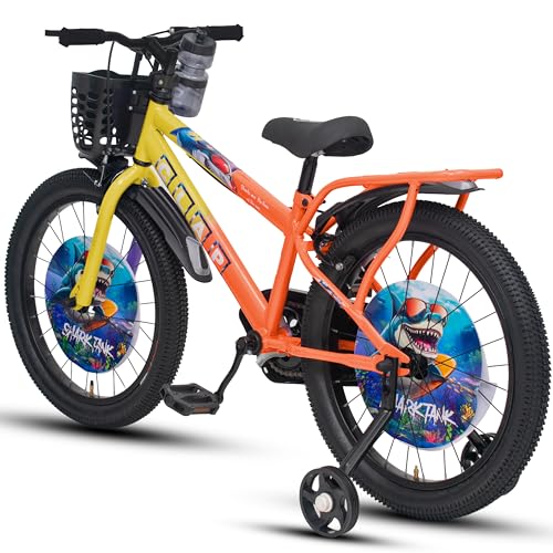 Image of Shark Tank 20 Inch Kids Bicycle with Training Wheels, Front Basket, Water Bottle, Rear Carrier & Full Chain Cover for Boys and Girls Ages 7-9 (Yellow /Orange)