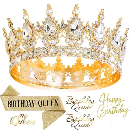 DAMIHAI Corona de cumpleaños y banda para mujer – Juego de corona, tiara de cristal de la reina con 4 figuras doradas para tartas y banda dorada de la reina, ideal para cumpleaños de niñas y fiestas