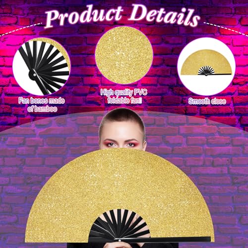 Image of Vercraft 13'' Large Rave Fan for Women Rave Accessories Festival Outfits Glitter Hand Folding Clack Fan for Line Dancing EDM Music Festival Outfits(Gold)