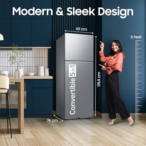 Image of Samsung 350 L, 2 Star, Convertible 5-in-1, Digital Inverter, Frost Free Double Door Refrigerator (RT38HG5C42S8HL, Silver, Elegant Inox, 2026 Model)
