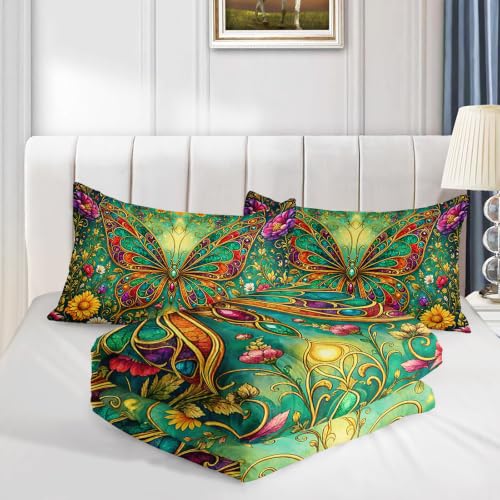 Image of AILONEN Queen Comforter Set 3 Piece, Teal Butterfly Wildflower 3D Printed Bedding with 2 Pillowcases, Soft Lightweight Microfiber Bohemian Decor for Master Suite