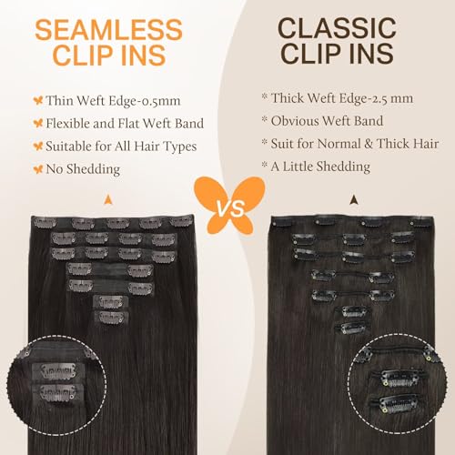 Image of DOORES Seamless Clip-in Real Human Hair Extensions, Dark Brown 7pcs 110g 18 Inch, Invisi Edge Straight Hair