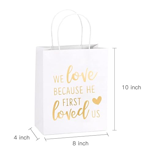 Miniatura 2 de WRAPAHOLIC Bolsas de regalo de tamaño mediano papel de aluminio dorado We Love Because He First Loved Us bolsas de papel blanco con asas para los