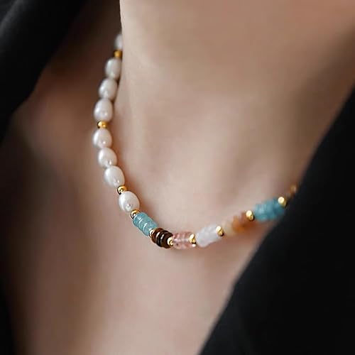 Miniatura 4 de Freshwater Pearl Strand Necklace Tiger Eye Natural Gemstone Handmade Chain 18K Gold Jewelry Birthday Gift for Women 19inch Valentine Gift for Her