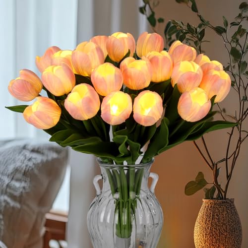 HOMESEASONS 20 Stems LED Lighted Artificial Flowers Tulip Lamp Real Touch Tulips Faux Flower Lights for Valentines Day and Easter Home Kitchen Wedding Dining Table Decor(Pink)