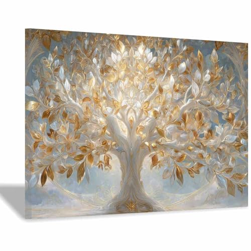 Cadeau parfait Arbre de la vie tableau sur toile peinture arbre jumeau avec cadre blanc 50x70cm