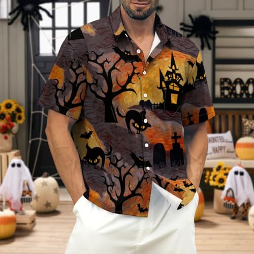 Deer Lady 2025 Halloween Button Down Shirts for Men Funny Pumpkins Hawaiian Short Sleeve Casual Bowling Shirt4