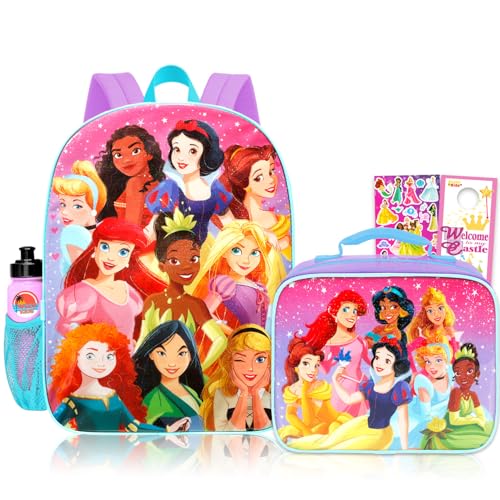 Disney Mochila princesa com conjunto de lancheira – Pacote com mochila de 40,6 cm, lancheira, garrafa de água, adesivos, mais | Mochila escolar Disney Princess para meninas, crianças