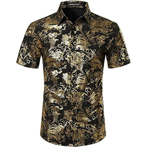 PARKLEES Men's Luxury Paisley Shiny Printed Slim Fit Short Sleeve Button Up Dress Shirt Black Gold XL Cover
