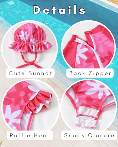 Image of SODLON Baby Girl Swimsuit Long Sleeve One-Piece Infant Bathing Suit 3M-3T | Girls Swim Suit with Hat & Zipper & Headband, Rash Guard Ruffle Swimwear, Toddler UPF 50+ Swimsuits, Baby Beach Essentials