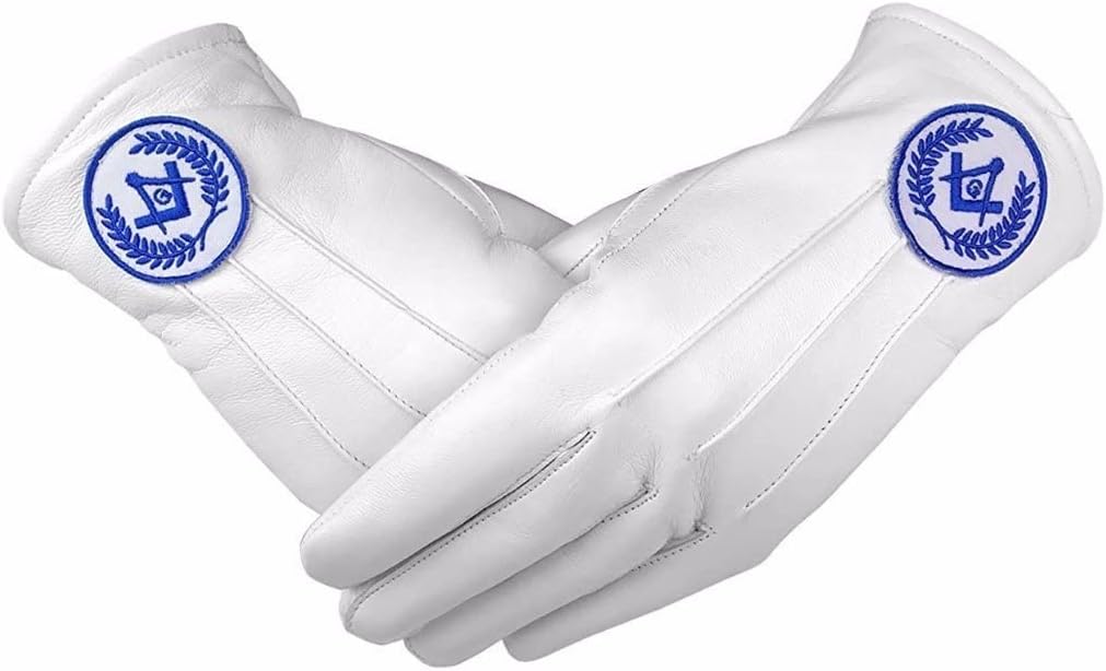 BRICKS MASONS Masonic Regalia White Soft Leather Gloves Square Compass & G Blue