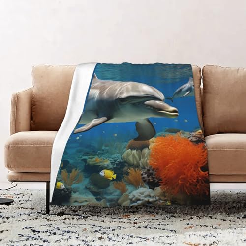 Couverture réversible flanelle douce lit motif dauphins - 8