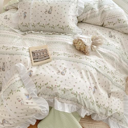 Image of LifeTB Botanical Floral Comforter Set Full Size Cute Flower Leaves Rabbit Pattern Comforter Reversible Green Plaid Comforter Girls Princess Bedding Set Lace Ruffle Comforter Set for Kids Teen Girls