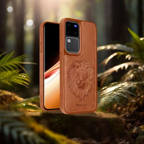 Image of Vaku Luxos️ Lion Embossed Back Cover Case for Vivo V30 5G Premium Leather Stitched Soft Shockproof Protective TPU Phone Case Camera Screen Protector- Brown