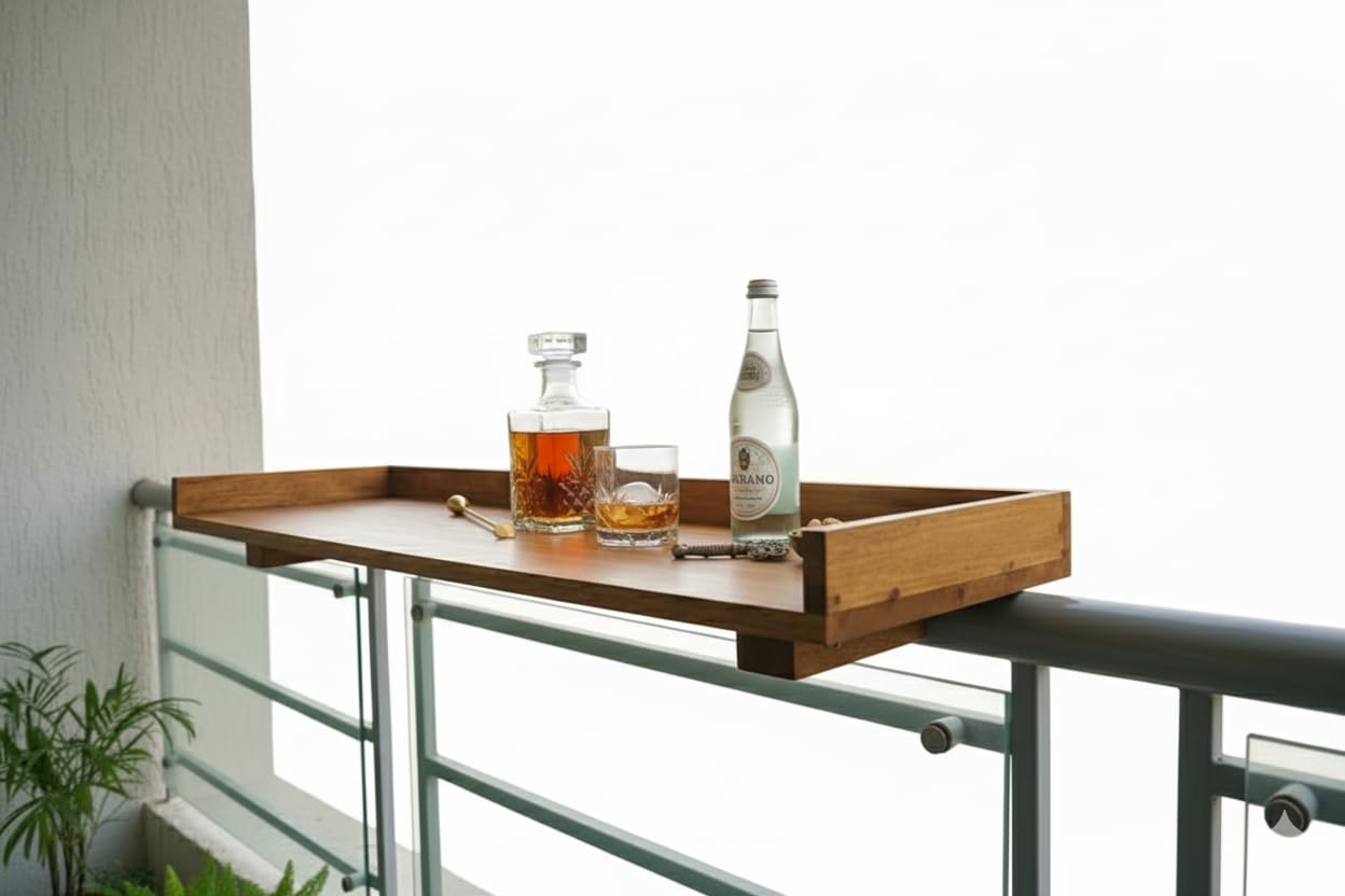 Grainory's Furniture Bar Counter Stand for Balcony Railing, Balcony Railing Hanging Table Folding Balcony Hanging Adjustable Deck Table for Patio (Teak), 114 cm, 30 cm, 8 cm 1