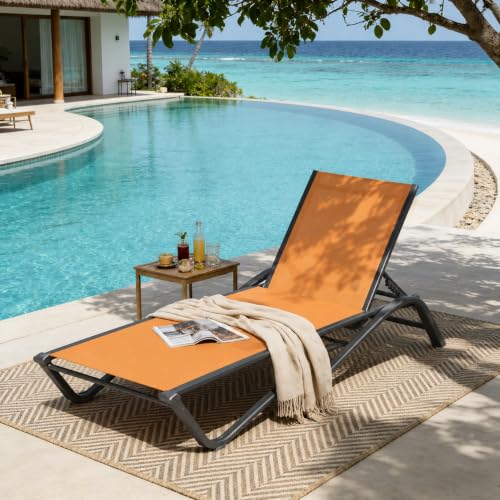 Patio Kingdom Adjustable Patio Chaise Lounge Chair, Outdoor Pool Lounger for Sunbathing & Tanning, All-Weather Textilene Sun Bed for Beach, Porch & Deck, Rust-Proof Aluminum Frame, Solar Orange