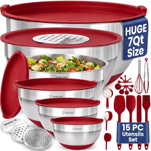 Priority Chef 6Pc Stainless Steel Mixing Bowls with Lids Set, Huge 7 Qrt Size Metal Bowl Set for...