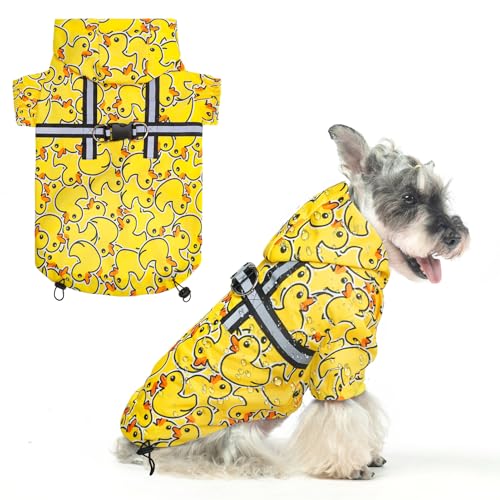 Image of BEAUTYZOO Dog Raincoats for Small Dogs, Waterproof Rain Jacket with Hood | Puppy Rain Jacket with Harness, Reflective Poncho with Harness Built in, Rain Gear Clothes with Hat for Boy Girl, Yellow S