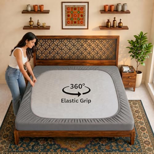 Image of Lithara Terry Cotton Fitted Mattress Protector for Single Bed | Waterproof & Elastic Band | Ultra Soft & Hypoallergenic Mattress Cover | Size : 36 x 75 Inches (3 x 6.25 Feet) | (Greyish)