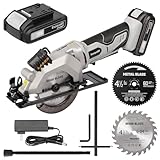 Inequalit Cordless Mini Circular Saw, 4-1/2 Inch 3400 RPM Circular Saw with Laser Guide, Rip Guides, 2 Blades (24T Wood + 60T Metal), Max Cutting Depth 1-11/16' (90°), 1-1/8' (45°)'
