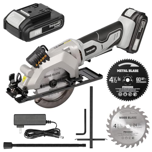 Inequalit Cordless Mini Circular Saw, 4-1/2 Inch 3400 RPM Circular Saw with Laser Guide, Rip Guides, 2 Blades (24T Wood + 60T Metal), Max Cutting Depth 1-11/16' (90°), 1-1/8' (45°)'