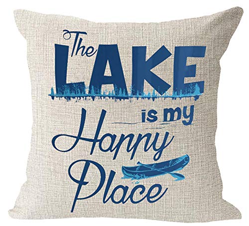 Retro The Lake is My Happy Place Boat Paddle Wave Blue Cotton Linen