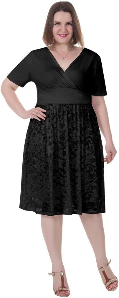 Women's Plus Size V Neck Lace Dress Fit and Flare Casual Dress Size S-5X Plus