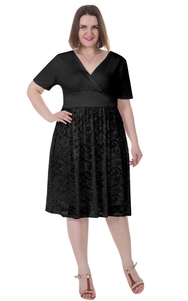 Women's Plus Size V Neck Lace Dress Fit and Flare Casual Dress Size S-5X Plus