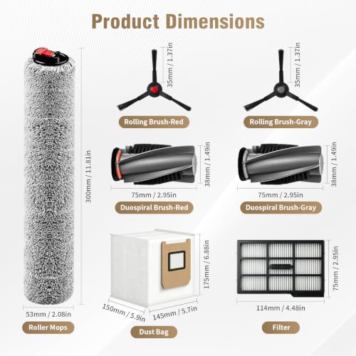 Image of 14 Pack Replacement Parts Compatible with eufy Omni E25 / E28 Robot Vacuum: 1 Pair of Main Brushes, 1 Roller Mop, 2 Filters, 2 Dust Bags, 6 Side Brushes, 1 Cleaning Brush