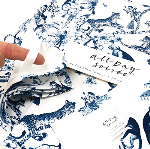 All Day Soirée Chinoiserie Designer Kitchen Tea Towels 3 Pack 100% Absorbent Cotton Tiger Monkey Floral Hand Towel Large Dish Cloth Set Blue White #TOP6