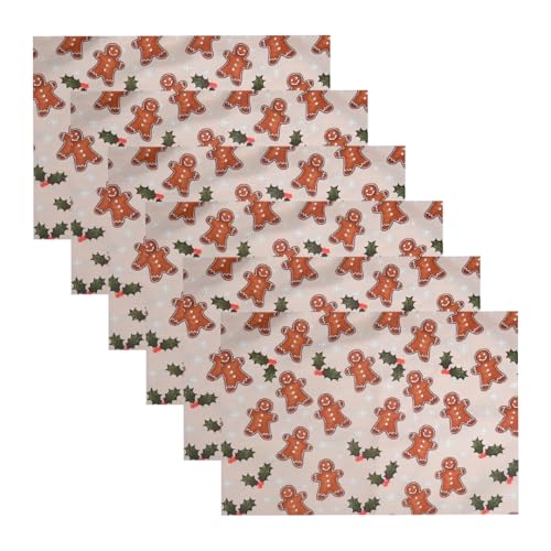 Image of Dining Table Mats Set of 6 with 135 cm Runner - Gingerbread Man Theme,Digital Print, Washable, Indoor /Outdoor, Heat-Proof, Wipe & Clean (47X33 cm) Cream & Brown