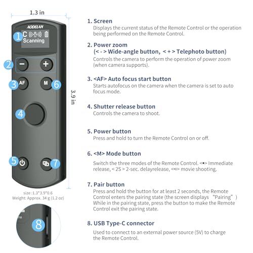 AODELAN for Canon Rechargeable Wireless Shutter Release Camera Remote Control Zoom Focus Compatible with R50,G7X Mark III,R6 Mark II,R5,R6,R7,M6 Mark II,M200,M50,90D,200D,Replace Canon BR-E1(Black) - Thumbnail 5