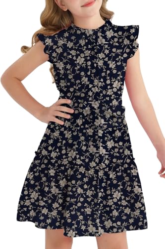Girls Floral Ruffle Sleeve Tiered Midi Dress with Belt Pockets 5-12 Years