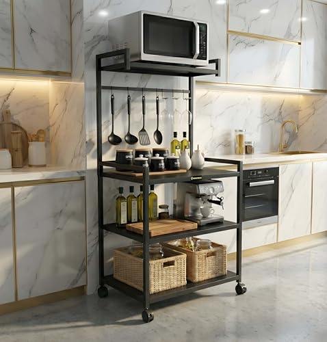 Image of 4 Tier Heavy Duty Microwave Stand with Wheels | Metal Kitchen Appliance Rack for Oven, OTG, Air Fryer | Storage Organizer Trolley (MS 4 Black)