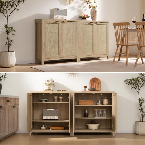 Image of SICOTAS Rattan Cabinet Sideboard Buffet Storage Cabinet - 3 Pieces Farmhouse Boho Credenza Coffee Bar Cabinet with Rattan Decorated Doors for Kitchen Living Room - Light Oak