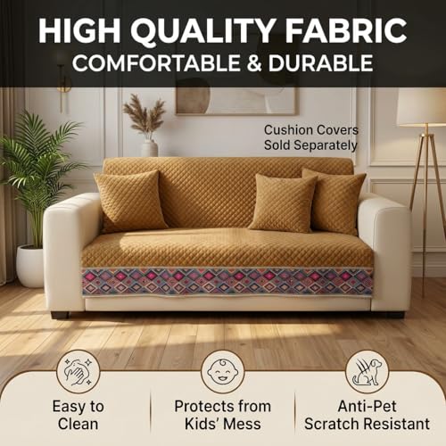 Image of KINGLY Sofa Cover 4 Seater Fully Covered | Stretchable Anti-Slip Slipcover | Washable Furniture Protector | Royal Gold | Set of 2 | Seat & Back |