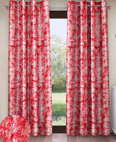 Image of Home Sizzler 2 Pieces Leaf Mist Grommet Eyelet Polyester Window Curtains - 5 Feet, Cherry Red