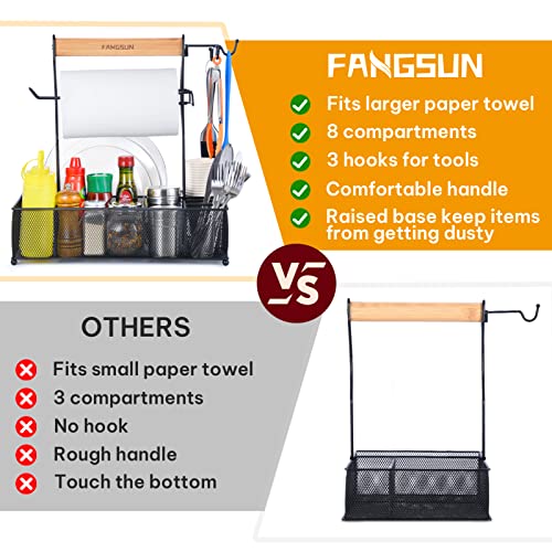 Fangsun Large Grill Utensil Caddy, Picnic Condiment Caddy, Bbq Organizer For Outdoor Grilling, Camping Caddy With Paper Towel Holder For Plate Cutlery, Grill Accessories Storage For Tailgating, Black #TOP2