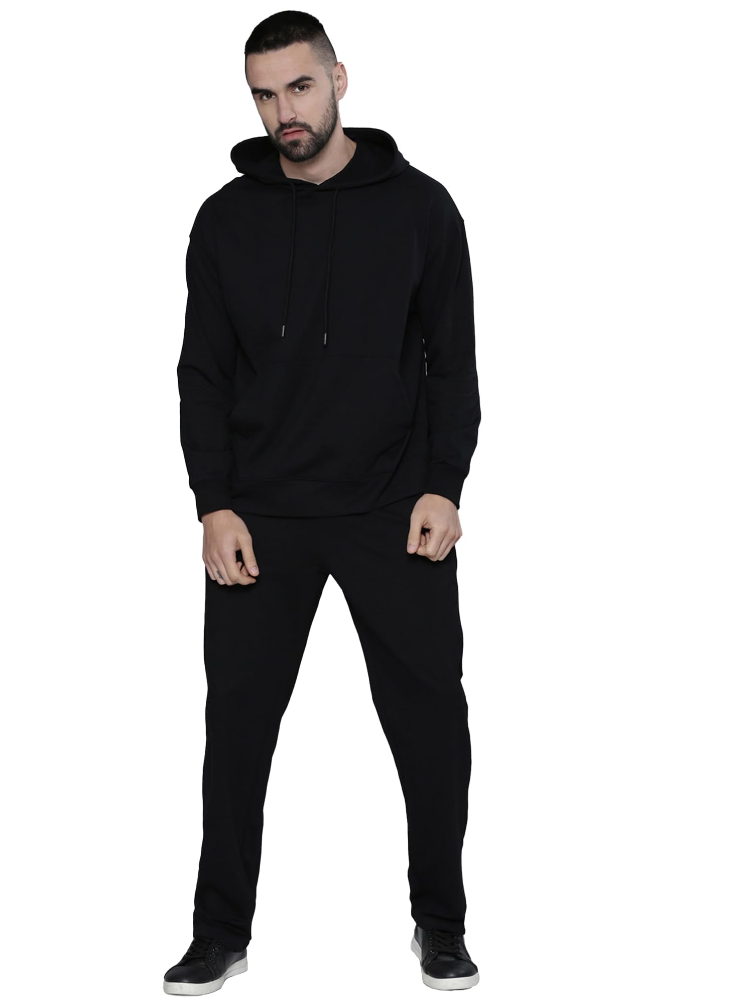 Mens Solid Black Hooded Neck Sweatshirt and Jogger Cotton Loopknit Fleece Co-Ords-image-45