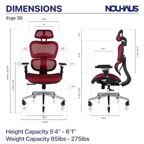 Nouhaus Ergo3D Ergonomic Office Chair Lumbar Support Mesh Office Chair with 4D Adjustable Armrest, Adjustable Headrest and Wheels, Mesh High Back Home Office Desk Chairs(Burgundy) - Image 4