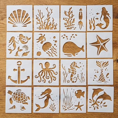 16 Pcs Sea Creatures Stencils for Painting Reusable Ocean Animal Templates for Kids DIY Crafts Scrapbooking Wall Art & Wood Decor