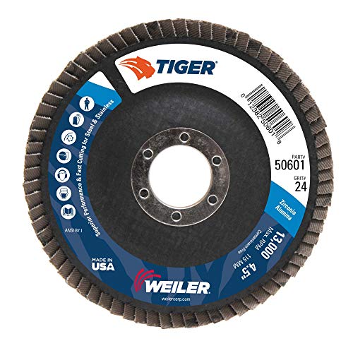 Image of Weiler 50601 4-1 /2 inch Tiger Disc Abrasive Flap Disc, Conical (TY29), Phenolic Backing, 24Z, 7 /8 inch Arbor Hole (Pack of 10)