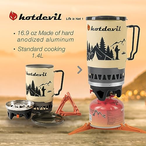 HOTDEVIL Kuchenka kempingowa i z plecakiem, system gotowania z zapłonem piezoelektrycznym, przenośny zestaw palników do wędrówek, wędkowania, polowania, sytuacji awaryjnych i survivalowych