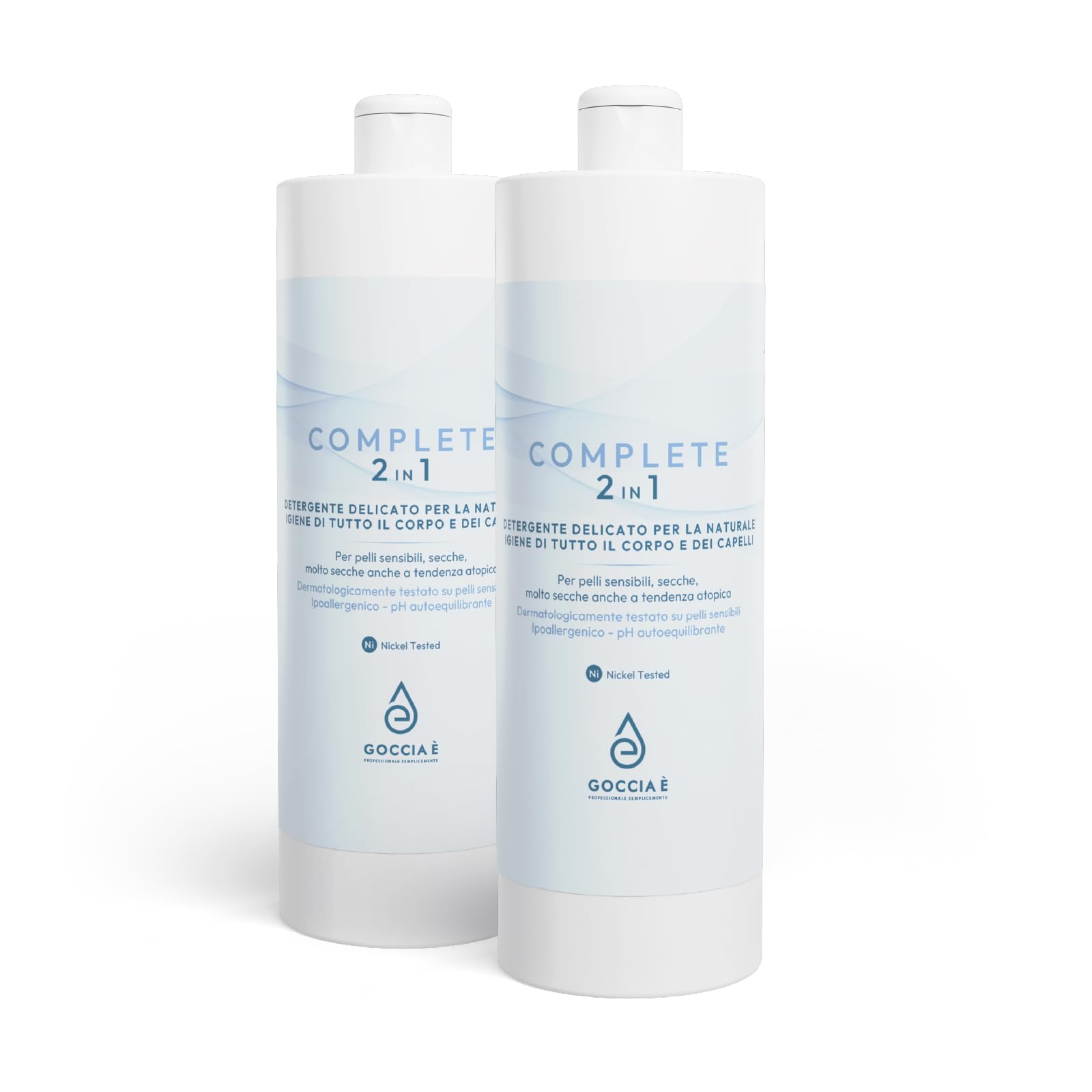 GOCCIA È - Complete 2 in 1 Detergente Delicato per la naturale igiene di tutto il corpo e dei capelli. Ideale per la Pelle Fragile e Sensibile con Tensioattivi Vegetali e Estratti Naturali 1000ml x 2
