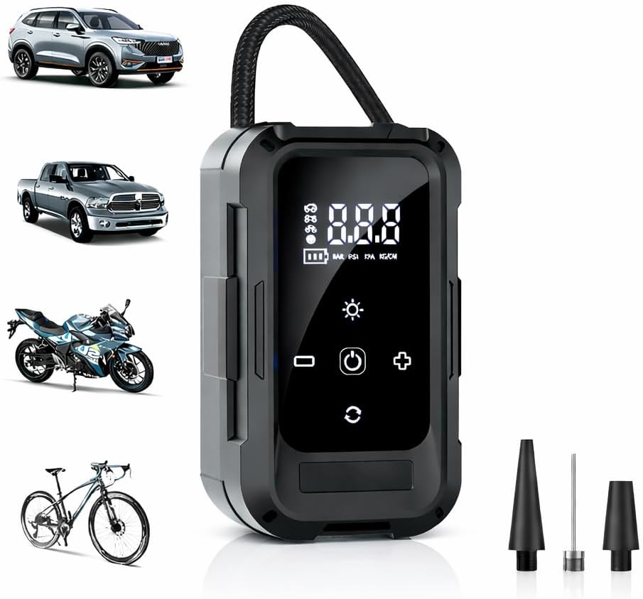 150PSI Portable Tire Inflator Air Compressor, USB & 12V DC Powered, Digital LCD Display, LED Light, Auto Shutoff, Power Bank for Car, Bike, Motorcycle, Balls