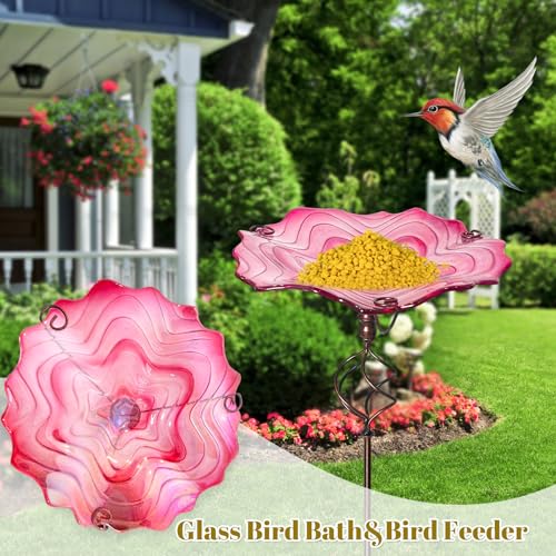 Image of HONGLAND Bird Baths for Outside,12 inch Small Pink Glass Birdbaths Outdoor,Detachable Bird Feeder with Metal Stake for Garden Yard Patio Decor,32 inch Height