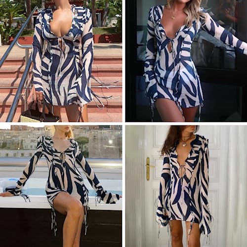 Image of Women's Sexy Ruffle Trim See Through Mesh Mini Dress Elegant Tassel Striped Long Sleeve Bodycon Party Beach Dress