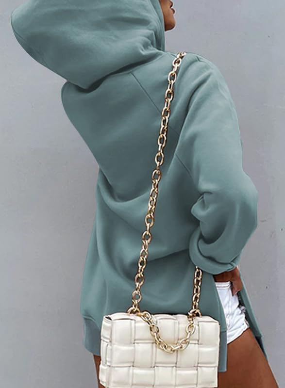 SHEWIN Women's Oversized Casual Pullover Long Sleeve Split Hem Drawstring Hoodies Dress With Kangaroo Pocket - Image 2