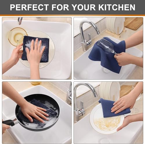 Image of 100% Cotton Kitchen Dish Cloths, 6 Pack Waffle Weave Ultra Soft Absorbent Dish Towels for Drying Dishes Quick Drying Kitchen Towels Dish Rags, 13.4 X 13.4 Inches (Dark Blue, Pack of 4)