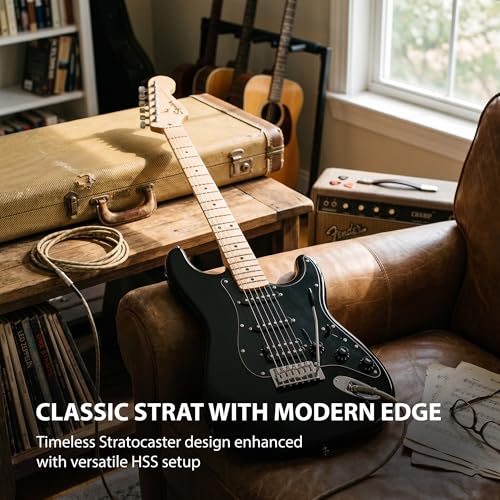 Image of Fender Squier Sonic Stratocaster HSS - Black Bundle with Mustang Micro Headphone Amplifier, Instrument Cable, Tuner, Strap, Picks, and Austin Bazaar Instructional DVD